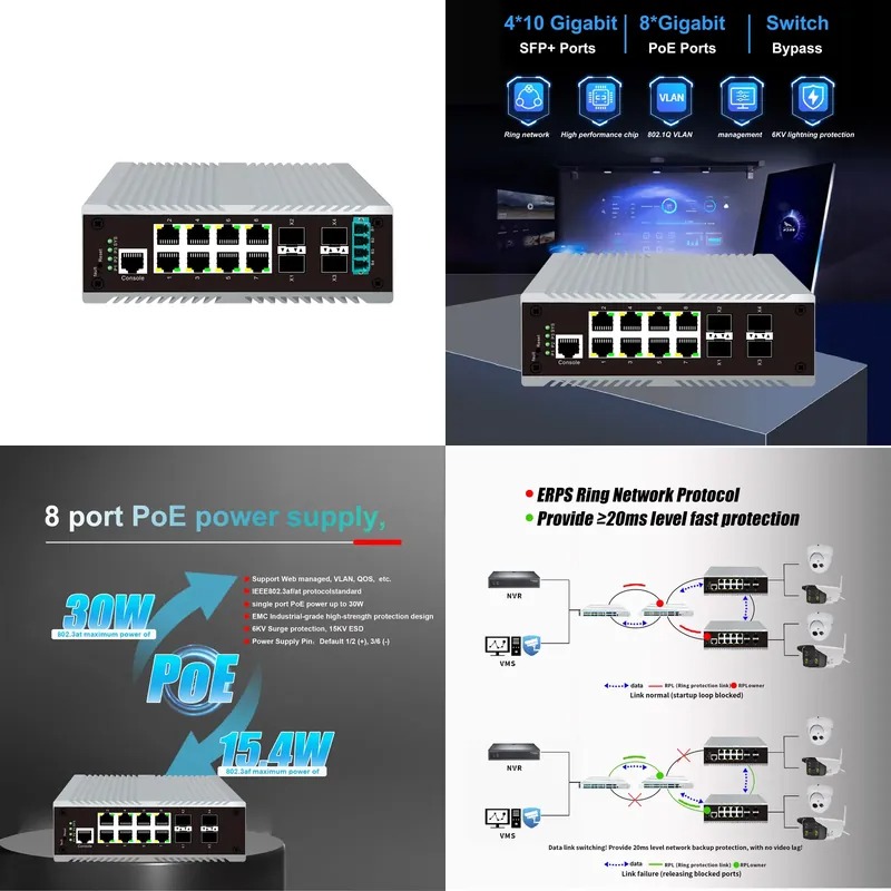 Sfp+ 10G Managed Switch 8 Port - 8-poorts PoE industriële managementswitch, 4 10G